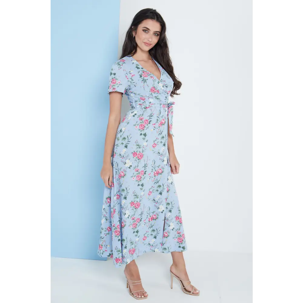 Wrap front maxi dress in blue floral print