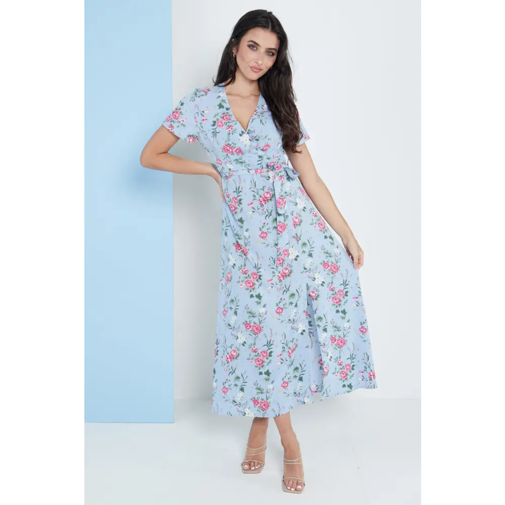 Wrap front maxi dress in blue floral print