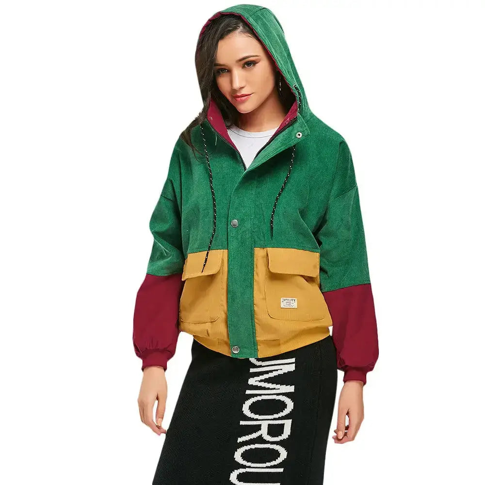 Color blocking hooded corduroy jacket Nexellus