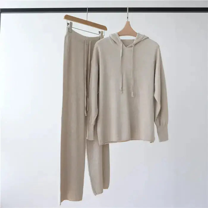 Cozy hooded knit suit: top + wide-leg trousers for women Nexellus