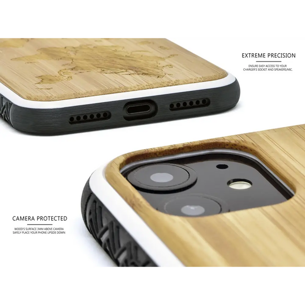 Iphone 11 wood case world map engraved bamboo backside