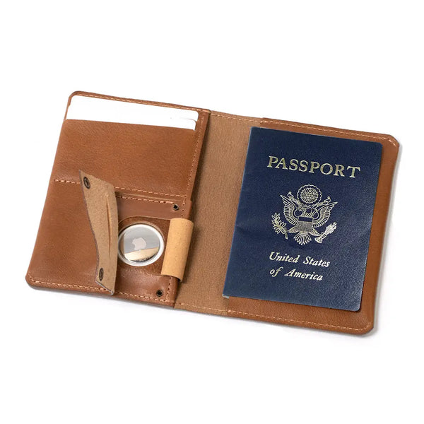 Leather airtag passport holder - Brown