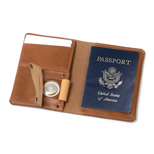 Leather airtag passport holder - Brown