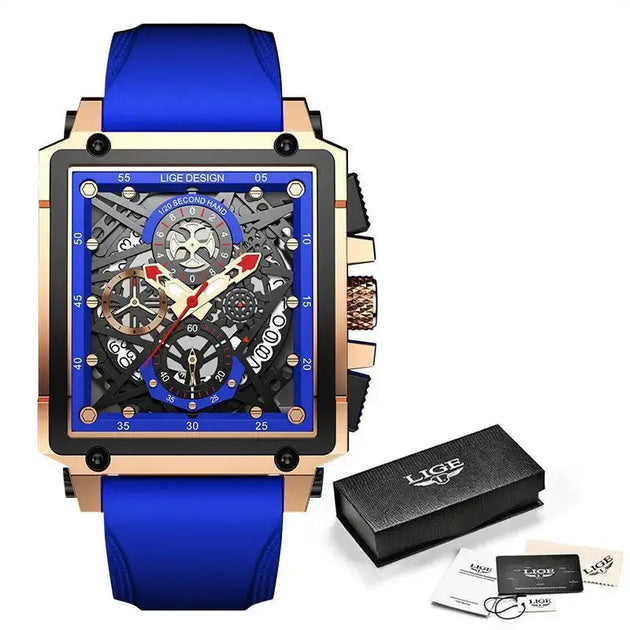 Lige new men's watch square multifunction chronograph 30m waterproof Nexellus