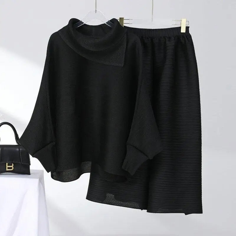 Solid Color Pleated Sets Lapel Long Sleeve Top with Wide Leg Elastic Waist Pant Nexellus