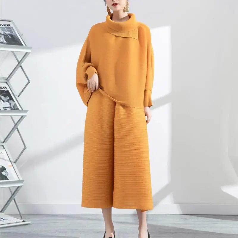 Solid Color Pleated Sets Lapel Long Sleeve Top with Wide Leg Elastic Waist Pant Nexellus
