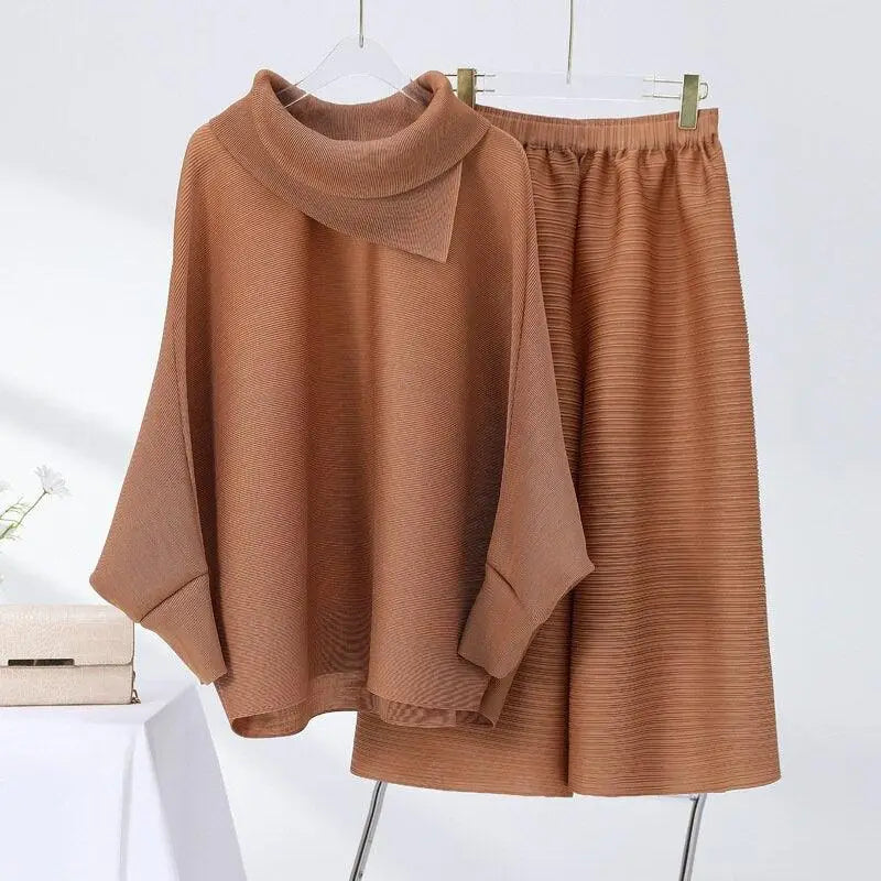 Solid Color Pleated Sets Lapel Long Sleeve Top with Wide Leg Elastic Waist Pant Nexellus
