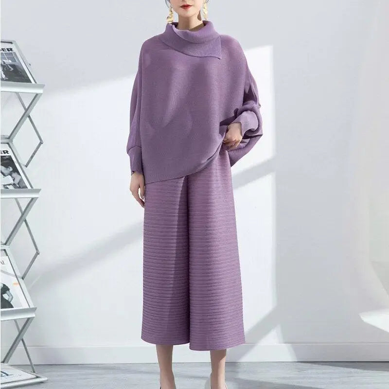 Solid Color Pleated Sets Lapel Long Sleeve Top with Wide Leg Elastic Waist Pant Nexellus
