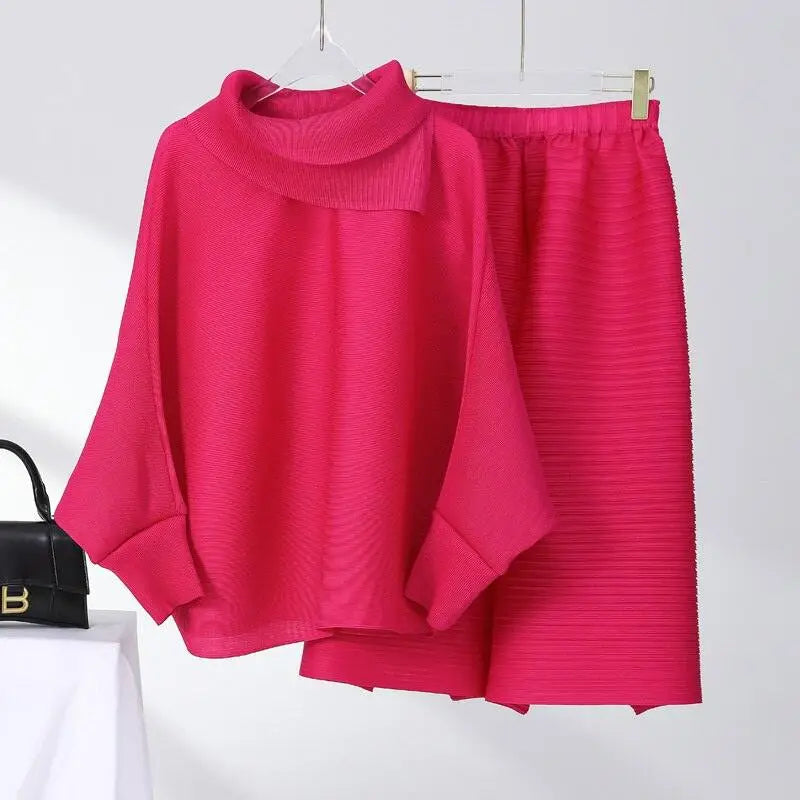 Solid Color Pleated Sets Lapel Long Sleeve Top with Wide Leg Elastic Waist Pant Nexellus