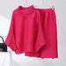 Solid Color Pleated Sets Lapel Long Sleeve Top with Wide Leg Elastic Waist Pant Nexellus