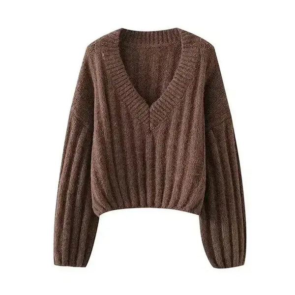 Women's knitted pullover v-neck lantern long sleeve solid color loose Nexellus
