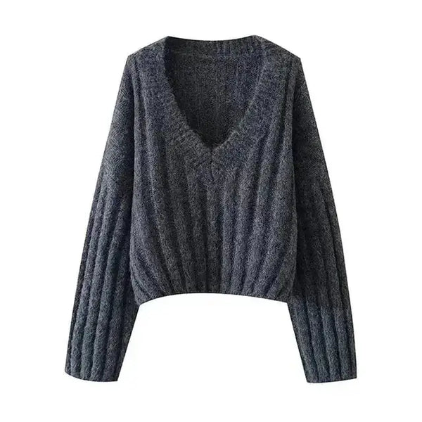 Women's knitted pullover v-neck lantern long sleeve solid color loose Nexellus