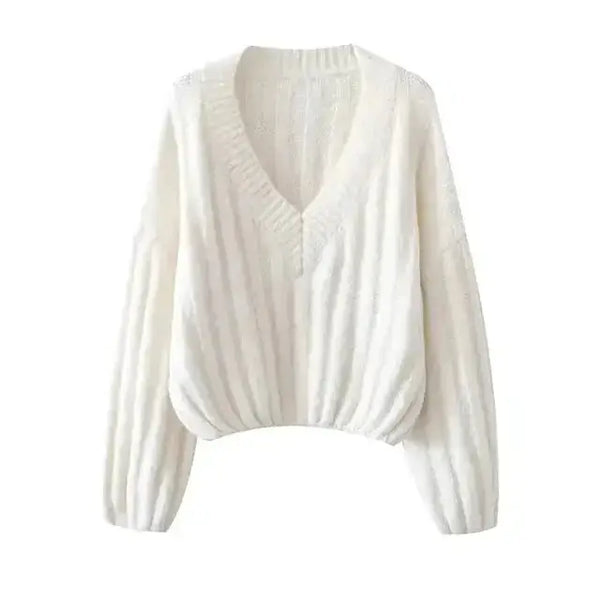 Women's knitted pullover v-neck lantern long sleeve solid color loose Nexellus