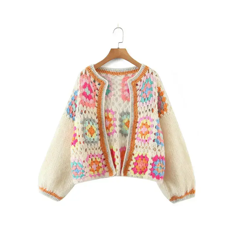 Women's loose color block crochet cardigan Nexellus