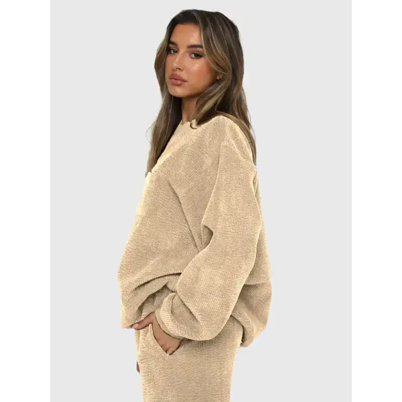 Women's new corduroy solid color round neck pullover long sleeve pants Nexellus