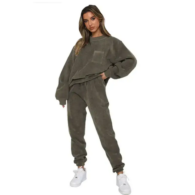 Women's new corduroy solid color round neck pullover long sleeve pants Nexellus