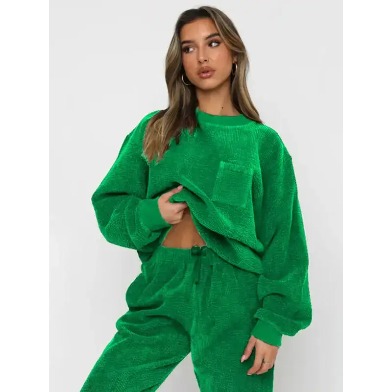 Women's new corduroy solid color round neck pullover long sleeve pants Nexellus