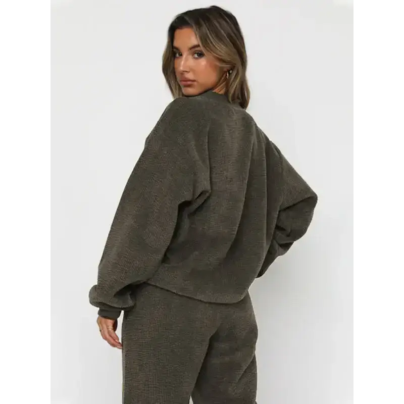 Women's new corduroy solid color round neck pullover long sleeve pants Nexellus