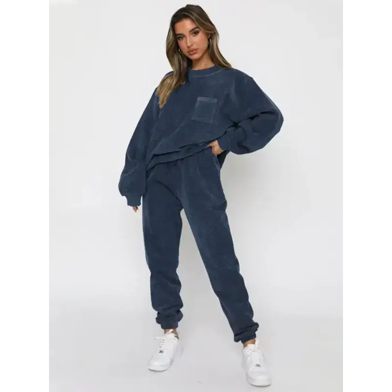 Women's new corduroy solid color round neck pullover long sleeve pants Nexellus