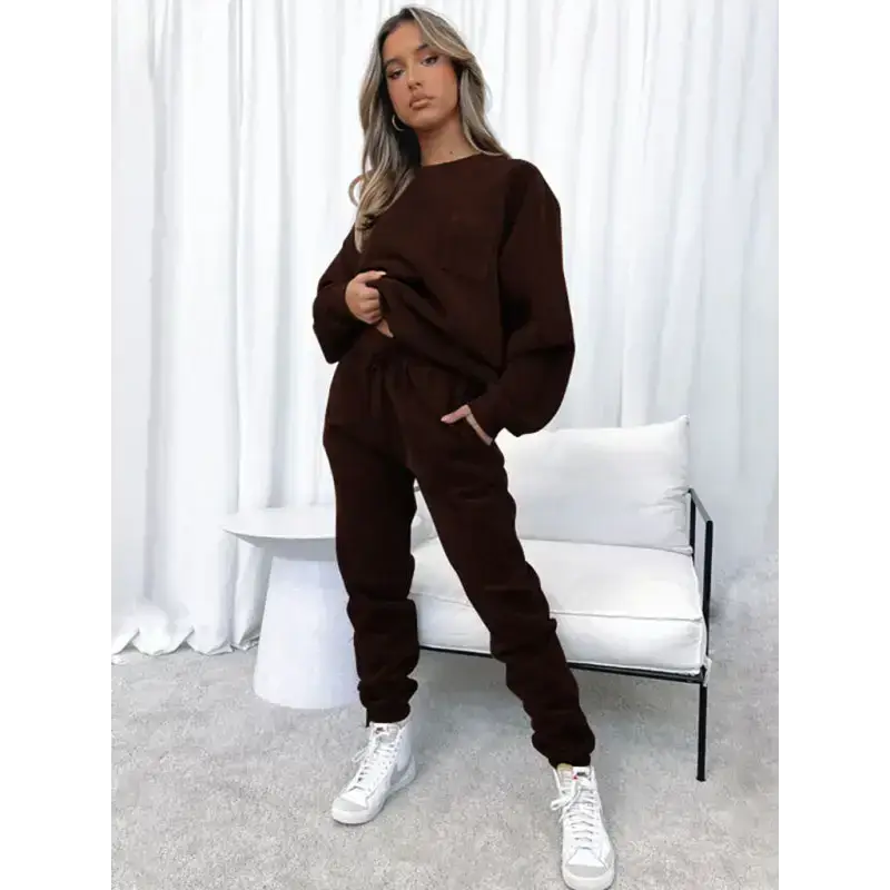 Women's new corduroy solid color round neck pullover long sleeve pants Nexellus