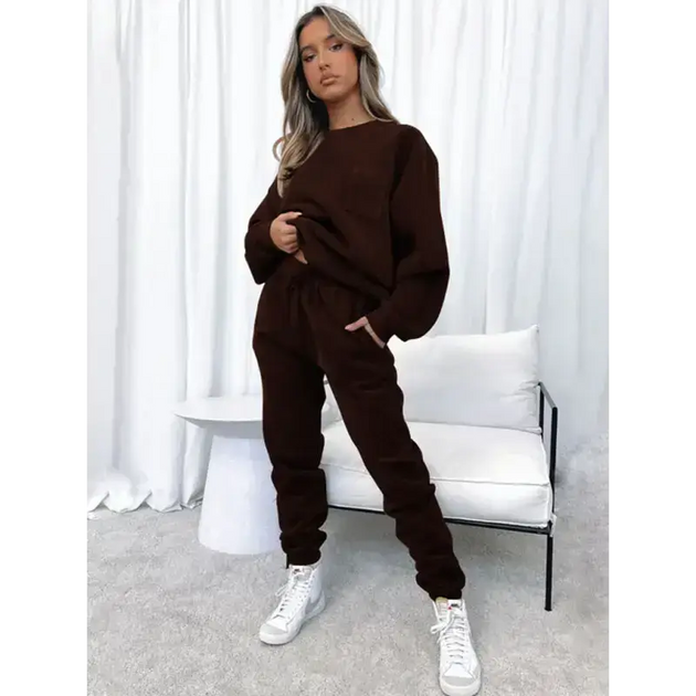 Women's new corduroy solid color round neck pullover long sleeve pants Nexellus