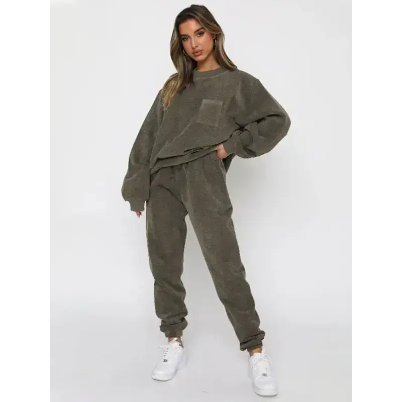 Women's new corduroy solid color round neck pullover long sleeve pants Nexellus