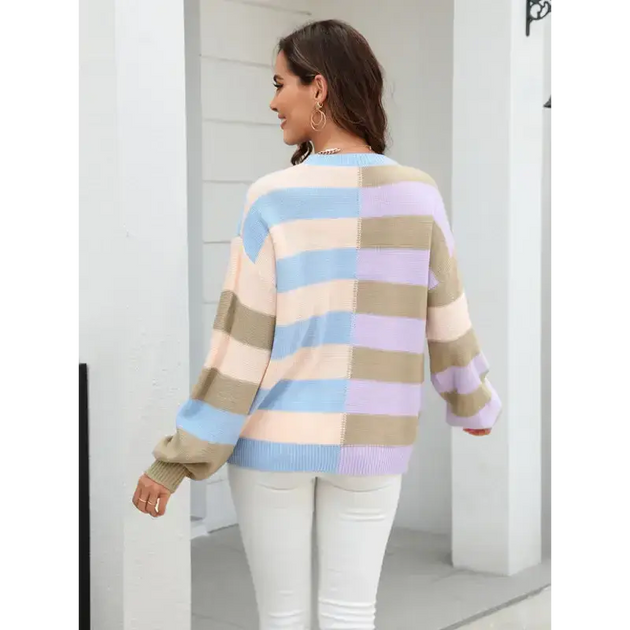 Women's patchwork striped contrasting crew neck sweater pullover Nexellus