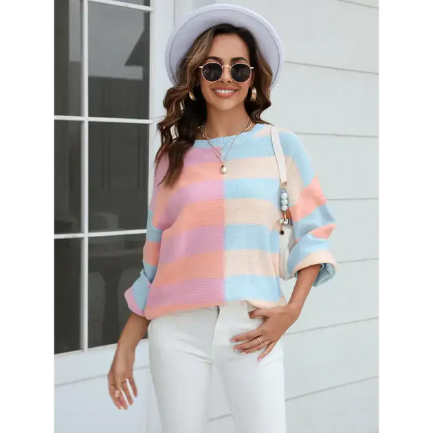 Women's patchwork striped contrasting crew neck sweater pullover Nexellus