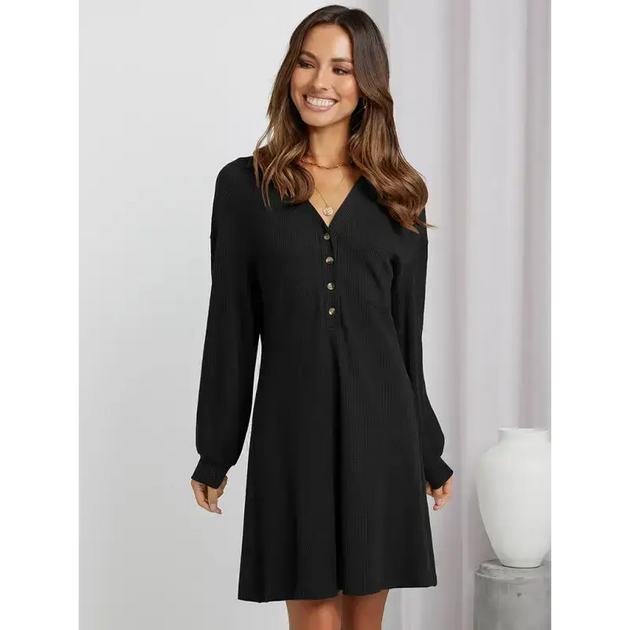 Women's waffle shirt skirt v-neck loose dress Nexellus