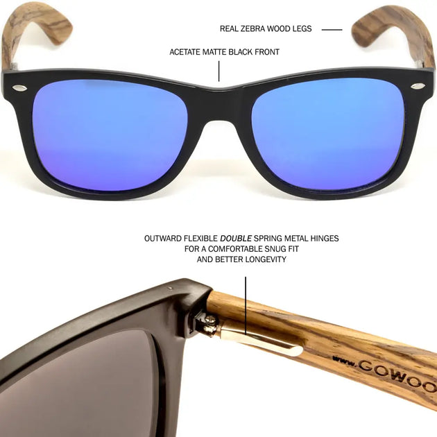 Zebra wood classic style sunglasses with blue mirrored